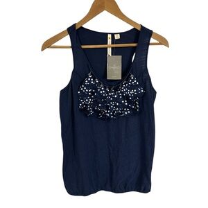 Anthropologie Little Yellow Button Blue sleeveless tassle racerback tank Small